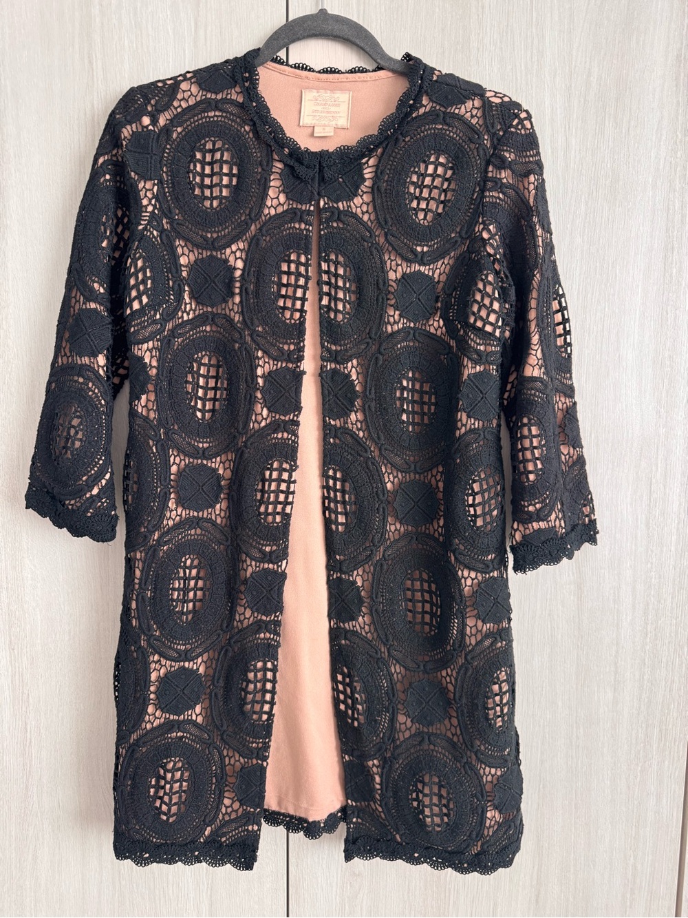 Black Crochet Overlay Coat with Pink Lining and eye hook closure Sz S